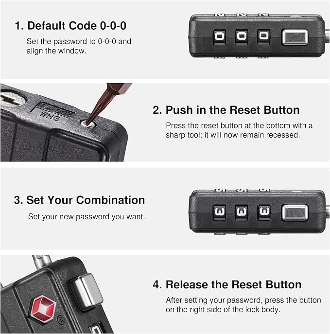 Puroma 2 Pack TSA Locks for Luggage Lightweight 4 Digit Code Padlock Black | TSA Approved, Resettable, Flexible Cable, Zipper holes, Bright Color, Large White Numbers, for Train Travel Suitcase Backpack - Image 6