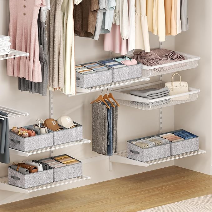 DIMJ Large Closet Shelf Organizer Bins 6 Packs with Handles and Divider, Fabric Trapezoid Storage Baskets, Foldable Clothes Containers Box for Shelf, Towel, Book, Toy, Purse, Hats, Grey - Image 5
