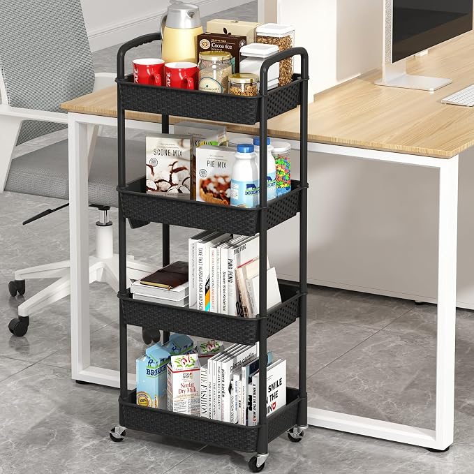 MOYIPIN 4-Tier Plastic Rolling Utility Cart with Handle, Black | Utility Storage Cart for Office, Living Room, Kitchen,Movable Storage Organizer，Easy installation，Rattan-like art design - Image 2