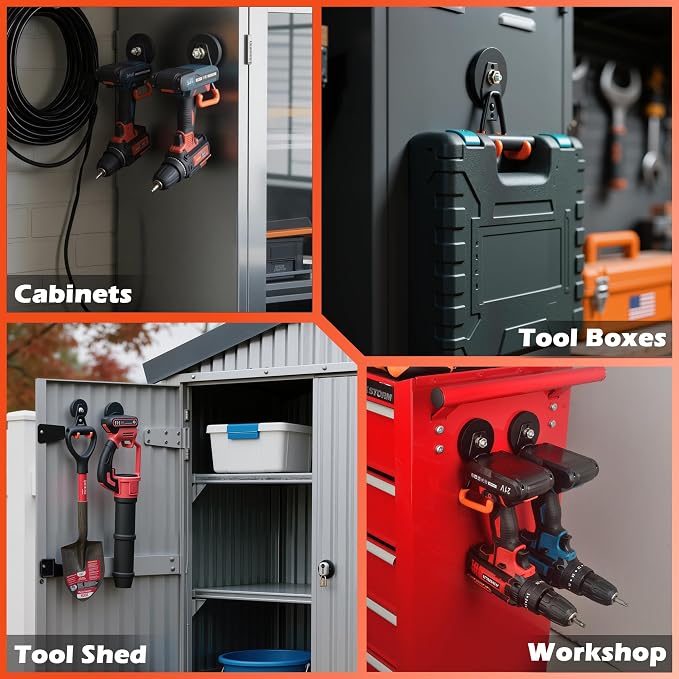ULIBERMAGNET New Upgraded Heavy Duty Magnetic Garage Hooks,4 Pack Strong Large Magnet Hooks for Power Drill,Garden Tools,Hose,Pegboard,Garage, Workshop,Magnetic Storage Hook for Hanging(Orange) - Image 8