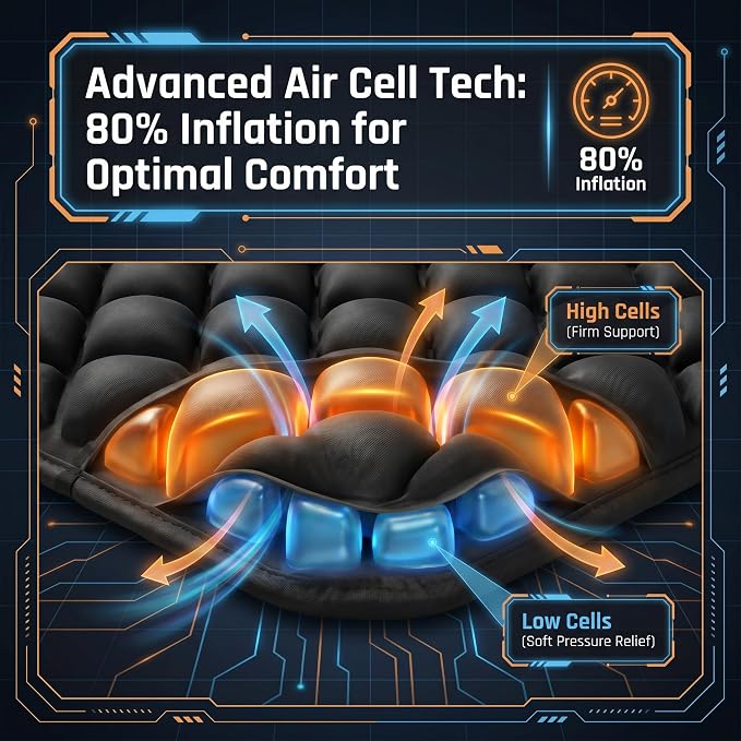Inflatable Seat Cushion for Long Sitting, 54 High-Low Air Cell Travel Seat Cushion for Airplane, Office Chair, Car & Wheelchair, Adjustable Firmness Pressure Relief Seat Pad, 16.5" x 15.8" - Image 6