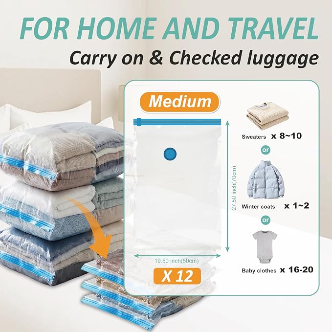 Cozy Essential Vacuum Storage Bags, 80% Compression Vacuum Seal Space Saver Plastic Packaging Bags for Clothes, Blankets, Pillow, Bedding, Comforters, Sealer Clothing Storage,12 Medium - Image 3