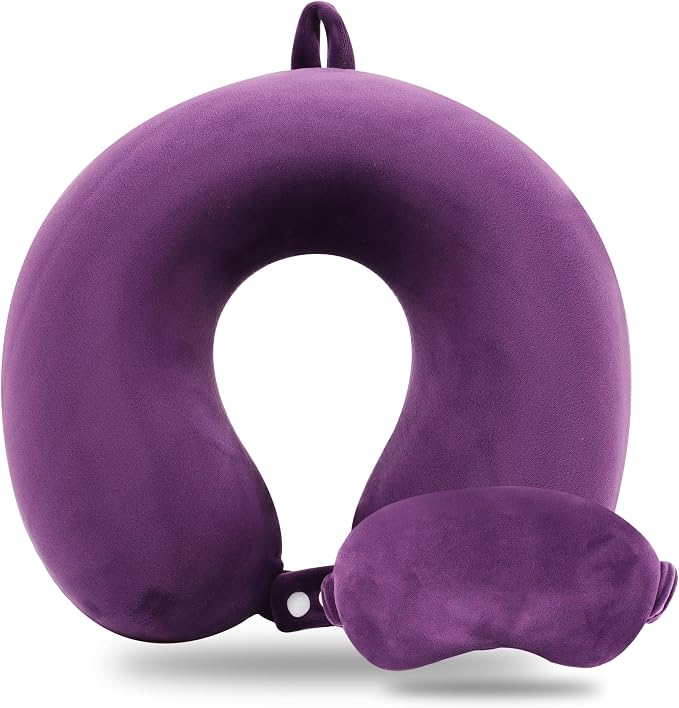 Sexysamba Pure Memory Foam Travel Pillow Set for Adults - Comfortable & Removable Machine Washable Cover, Neck Support Pillow Airplane Travel Kit with Eye Mask for Portable Plane Accessories - Purple by Sexysamba