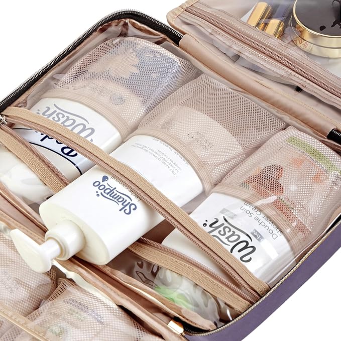 NISHEL Travel Toiletry Bag for women, Portable Hanging makeup Organizer | for Travel-Sized Shampoo, Conditioner, Brushes Set, makeup Accessories, Large Size, Purple - Image 6