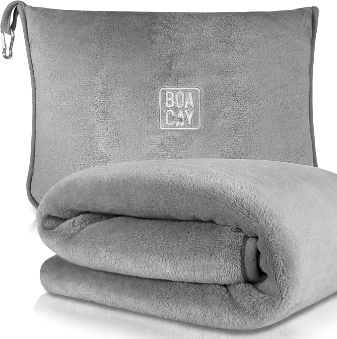 Soft & Warm Travel Blanket for Airplane & Car - Long Flight Essential for Women, Men, Kids - Compact Pillow with Luggage Sleeve & Backpack Clip by BOACAY