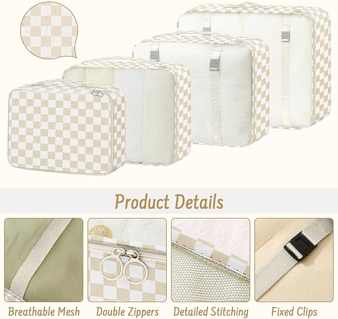 9 Set Packing Cubes for Travel Essentials - Lightweight Carry-On Luggage Organizer Bags with Shoe, Clothes & Laundry Bags for Airplane, Family & Business Travel, Beige checkered - Image 6
