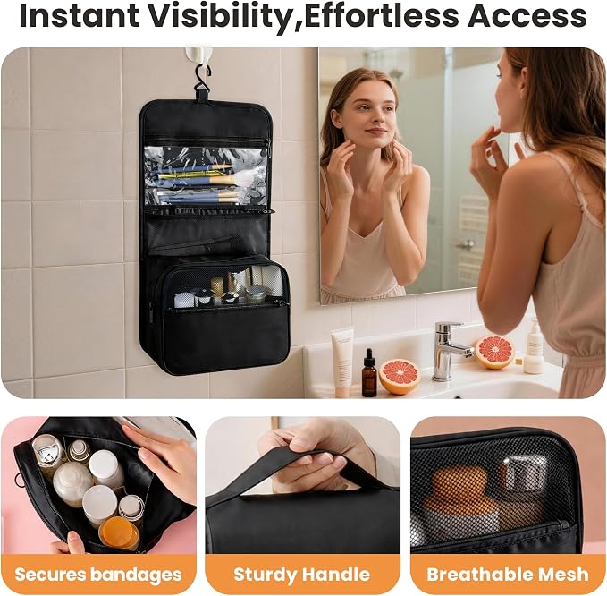 Portable Hanging Toiletry Bag for Travel, Small Multifunctional Makeup Cosmetic Bag for Women, Waterproof Travel Toiletries Organizer, Shower Bathroom Pouch with Hook for Gym, Camping, Business Trips - Image 3