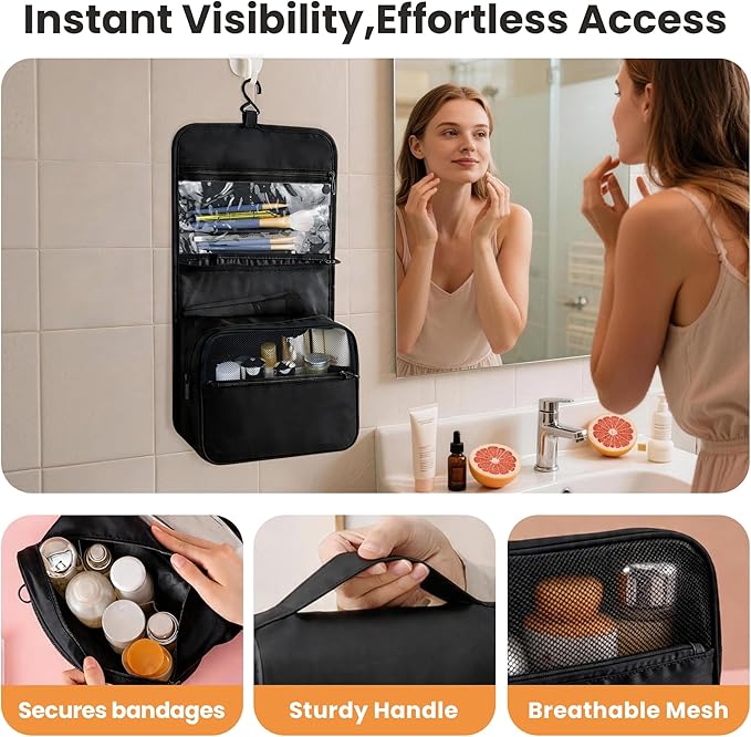 Portable Hanging Toiletry Bag for Travel, Small Multifunctional Makeup Cosmetic Bag for Women, Waterproof Travel Toiletries Organizer, Shower Bathroom Pouch with Hook for Gym, Camping, Business Trips - Image 3