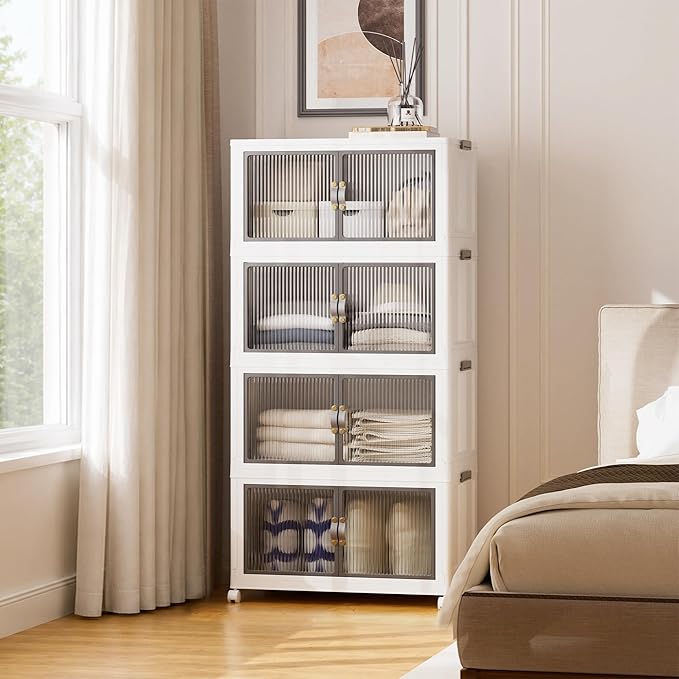 SAILUN 464Qt Stackable Storage Bins,Storage Cabinet with a Lid,4 Pack White | Stackable Storage Drawers with Lids,26" W x 17" D x 56.7" H,Featuring open-front Access for Clothes and Closet Storage by SAILUN