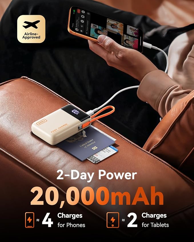 INIU 20000mAh Portable Charger, Smaller 45W Fast Charging Travel Power Bank | Flight-Safe, Built in USB-C Cable, Travel Essential, Battery Phone Pack for iPhone 17 16 Pro, Samsung S26, iPad etc, Beige - Image 5