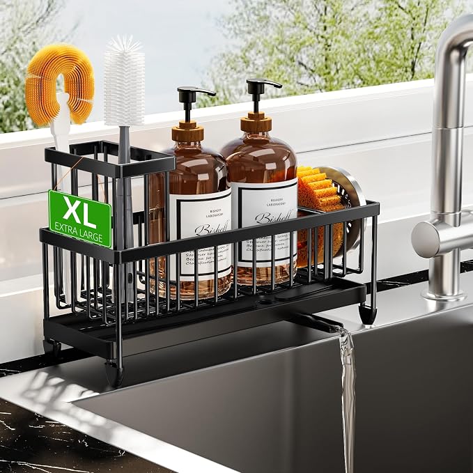 Cisily Sponge Holder for Kitchen Sink, Sink Caddy Organizer with High Brush Holder, Kitchen Countertop Organizers and Storage Essentials, Rustproof 304 Stainless Steel (Large Black, 10.62″) by CISILYHOMELIFE