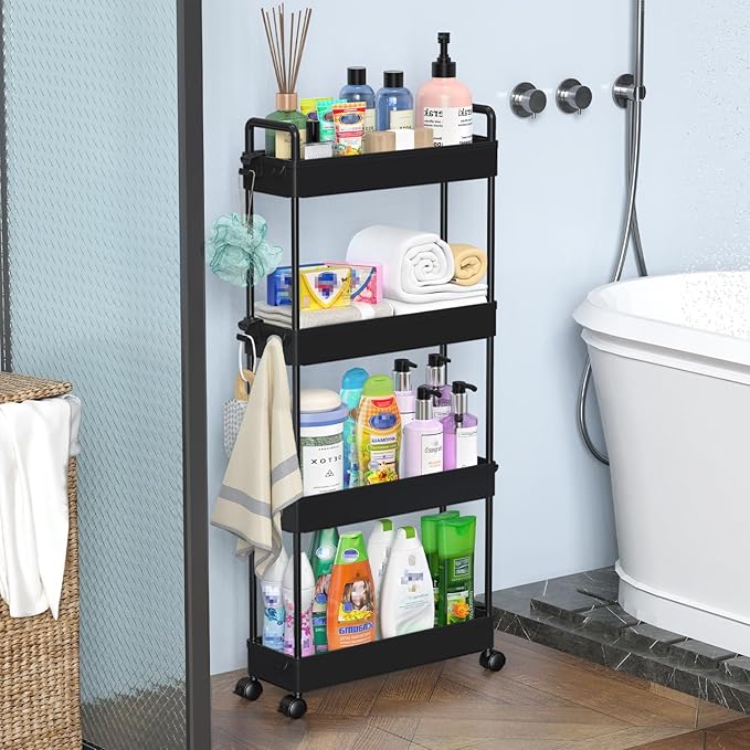 SOLEJAZZ Slim Rolling Storage Cart Skinny Bathroom Organizer, 4 Tier, Black | Thin utility cart with wheels for bathroom, laundry room, bedside, kitchen, dorm, office, next to fridge, small narrow places - Image 7