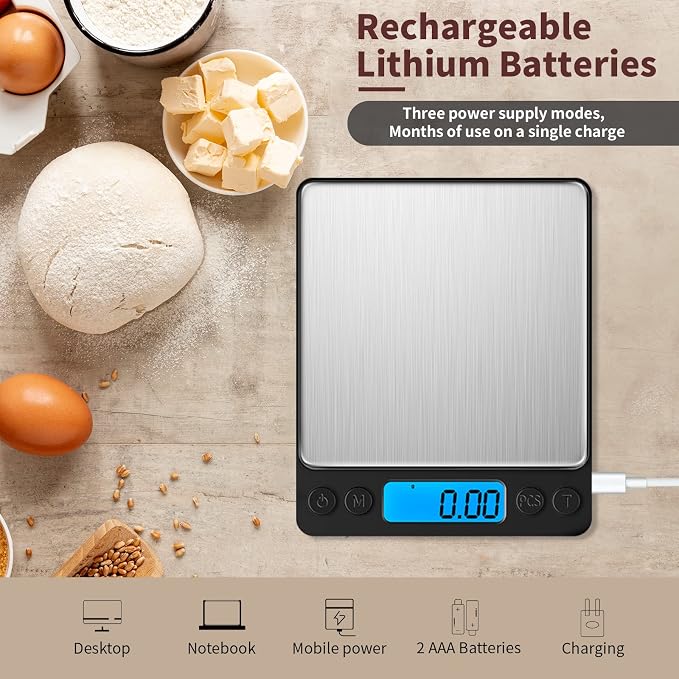 Small Digital Gram Scale 1000g by 0.01g, MEIYA High Accuracy Scale for Food Ounces and Grams, Upgrade USB Charging Kitchen Scale Digital Weight for Cooking, Baking, with Tare Function, 9 Units, 2 Tray - Image 2