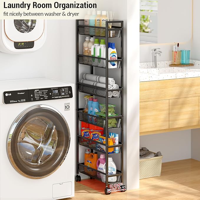 ThreeHio 6 Tier Slim Storage Cart, Narrow Cart with Wheels, Metal Mobile Shelving Unit Organizer for Kitchen, Bathroom, Laundry Room, Living Room & Narrow Spaces, Black, 6in(W) - Image 4
