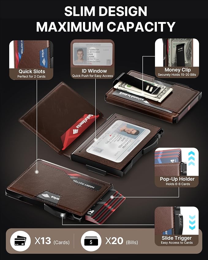 typecase Pop Up Wallet: Slim Wallet with Money Clip, Rfid-blocking, Minimalist, Small, Thin, Compact Card Case, Magnetic Bifold, Front Pocket Wallet, 9-13 Card Capacity, Mens Gifts Wallet - Brown - Image 2