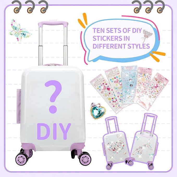 Kids Luggage Sets Suitcase Set with Travel Pillow for Girls 10 Sheets Gem Stickers Small Suitcase with Wheels Hardshell Carry on Luggage for Airplane Travel Essential DIY Styles Purple - Image 5