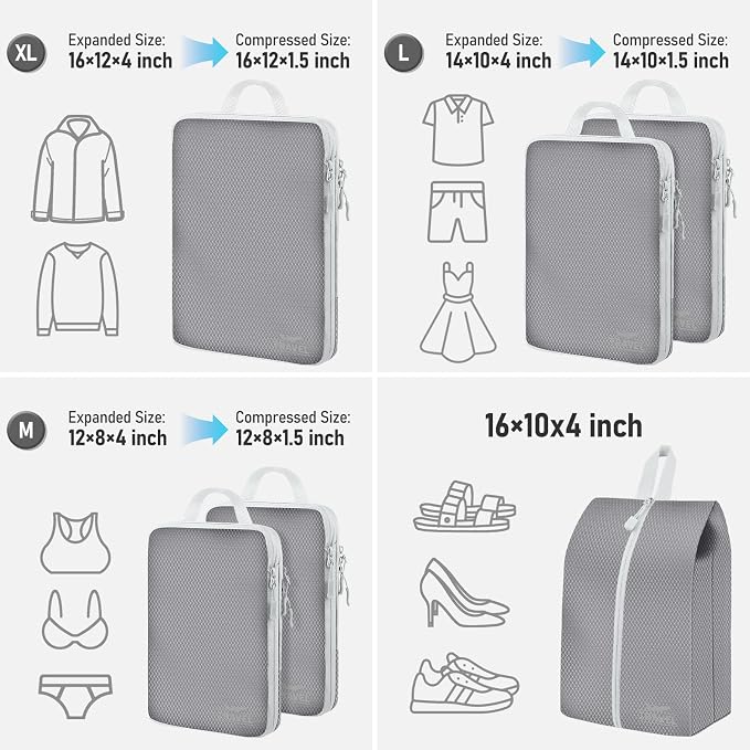 6 Set Compression Packing Cubes, Suitcase Organizer, Lightweight Travel Essentials, Compression Bags For Travel Accessories Luggage Storage Set (6Pcs, Gray) - Image 2