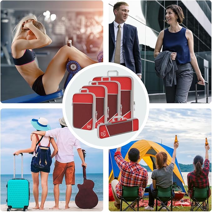 NiHome 7PCS Compression Packing Cube Set Expandable Mesh Travel Bag Luggage Organizers with Electronic Cable Cord Charger Organizer Drawstring Bag (Red) - Image 7