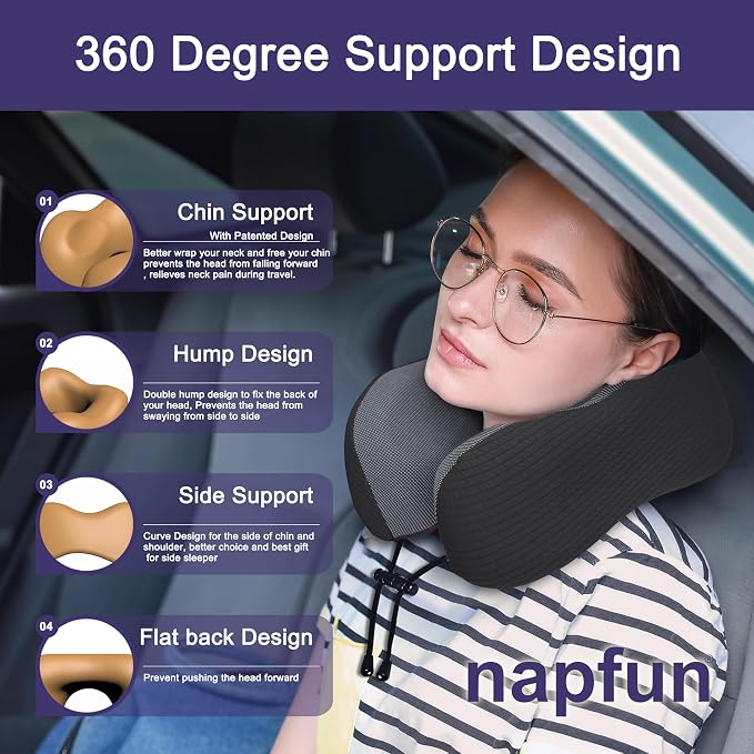 napfun Neck Pillow for Travel, Memory Foam Airplane Pillow, Charcoal Black | 360° Neck Support, Upgraded 100% Memory Foam for Airplane, Car, Train, Bus, Office Sleep, Travel Essentials for Long Flights - Image 3