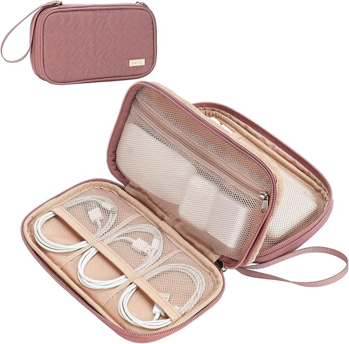 NISHEL Electronics Travel Organizer Cord Case, Charger Cable Tech Bag | Double-layer bag keeps chargers, cables, flash drive, and small tech essentials organized for trip, Medium, Rose-wood Pink by NISHEL