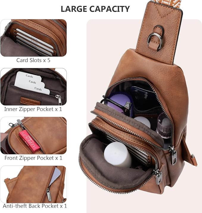 Anti-theft Chest Bags Women Small PU Leather Sling Fanny Pack | RFID Blocking,Safety Zipper,5 Card Slots,Adjustable Strap,Large Capacity,Multi Pockets,Faux Leather,Daypack,Bum Bags,Travel - Image 7