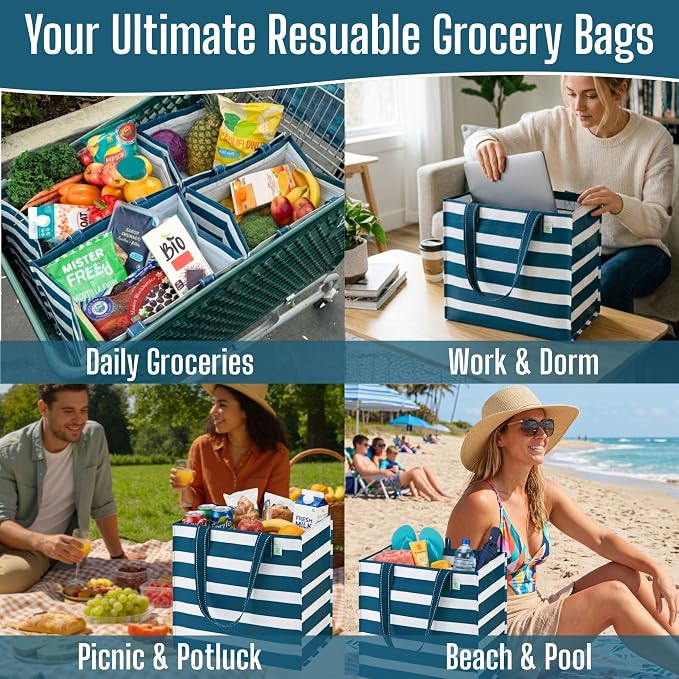 VENO 4 Pack Large Grocery Bag Reusable Shopping Bags with Hard Bottom | Utility Tote w/ Reinforced Handles, Heavy Duty, Foldable, Stand Upright, for Groceries Shopping Cart(Classic Navy Stripe) - Image 5