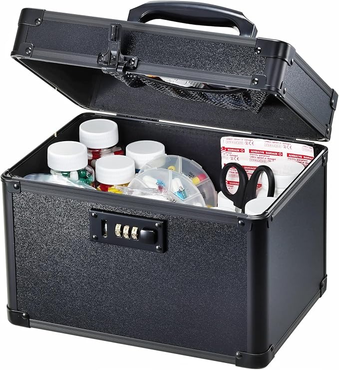 Lockable Security Storage Box - Shiny Black Safe Combination Lock Box, Cabinet Med Organizer, 10 x 7 x 7.9 Inches Safe Case for Documents, Valuables, Medicine & Money by AdazzoRollingMakeupCase