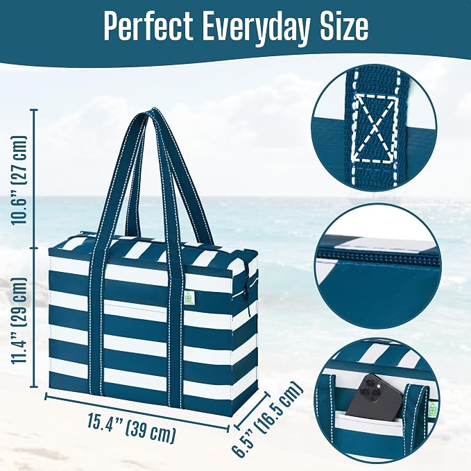 VENO 2 Pack Utility Tote Reusable Grocery Bags with Zipper & Hard Bottom | Heavy Duty Foldable Water-Resistant Shopping Bags for Summer Beach, Picnic & Travel Carry-on (Classic Navy Stripe, 2 Pack) - Image 2