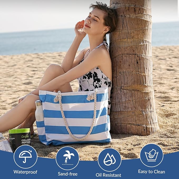 Clothirily Beach Bag for Women, Large Beach Tote Bag Waterproof with Zipper | Large Capacity Swim Pool Bag, Inner Pockets, Sandproof Foldable Beach Tote for Travel Essentials - Image 5