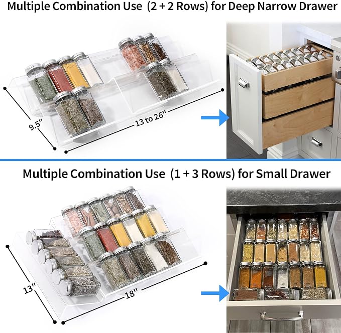 MIUKAA Clear Acrylic Spice Drawer Organizer, 4 Tier- 2 Set Expandable From 13" to 26" Drawer Seasoning Organizer, Kitchen Spice Rack Tray for Drawer/Countertop (Jars not included) (Pack of 2) - Image 5