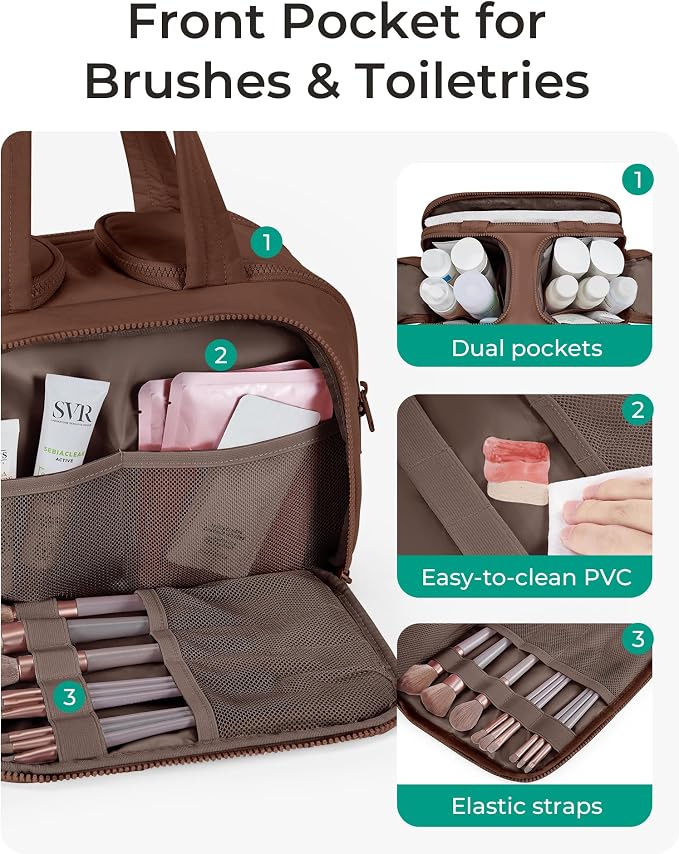 BAGSMART Travel Toiletry Bag, Puffy Toiletry Bag for Women, Wide-open toiletry bags for traveling, Large Travel Cosmetic Makeup Bag Organizer for Accessories,Toiletrie (Coffee Brown) - Image 2