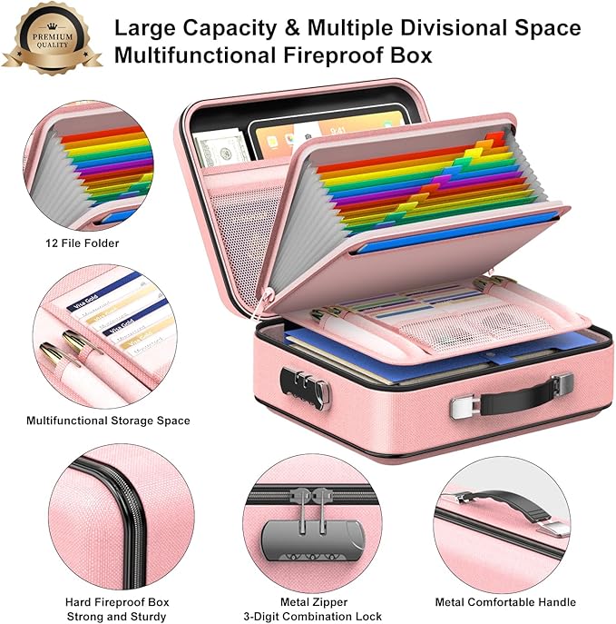 Fireproof Document Organizer with Lock, Hard Fireproof Document Box | Hard-Shell Fireproof Waterproof Document Box with Combination Lock Pink - Image 4