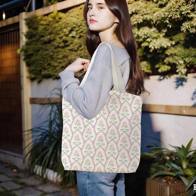 Grandmillennial Blue Floral Tote Bag for Women,Blue Floral Reusable Shopping Grocery Bags - Image 2
