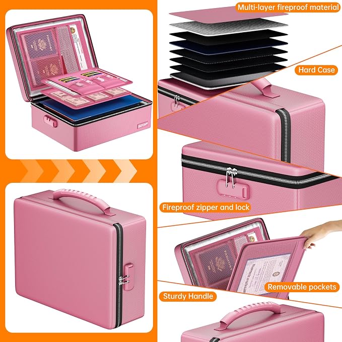 ENGPOW Fireproof Document Box with Lock & Heat-Resistant Fireproof Zipper | 6400°F 12-Layer Fire Protection, Hard File Organizer with Pockets, Portable Home Chest Safe Storage for Money,Jewelry, Pink - Image 7