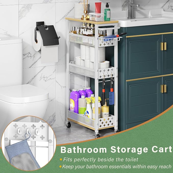 OKZEST Slim Laundry Room Organization Cart with Detergent Dispenser Holder | Holds tall bottles, Upgraded metal hub casters, 4-Tier space-saving narrow rolling cart, Premium wood & metal mesh shelves - Image 8
