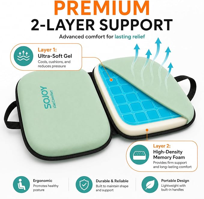 3-in-1 Foldable Gel Seat Cushion with Memory Foam Ergonomic Portable Cushion for Back Pain & Tailbone Relief - Perfect for Office Chair, Airplane Travel & Stadium Seats (18.5" x 15" x 2" Green) - Image 3