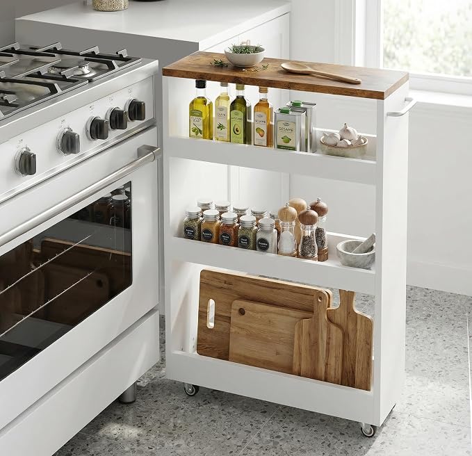 TEAMIX Wood 4-Tier Slim Rolling Storage Cart, 7.9"W, 24.8"D, 36.7"H, White | Height Adjustable, 360°Swivel Wheels, Deeper & Taller, Use as Narrow Kitchen Cart, Laundry Organizer Between Washer & Dryer - Image 2
