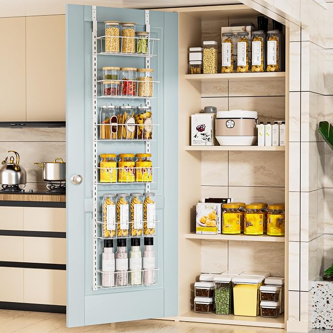 Delamu Pantry Door Organizer, Adjustable Metal Over the Door Pantry Organizer Rack, 6-Tier Over the Door Spice Rack, Kitchen Pantry Door Organizers and Storage, D5 W12 H52.1 inch, White, Small - Image 7