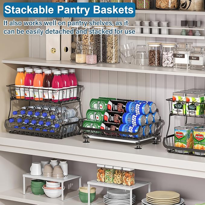 OKZEST 3-Tier Rolling Pantry Floor Organizers and Storage Cart with Wheels | Fits under pantry shelf, Stackable kitchen pantry baskets with dirt catch tray, Holds drink, snack, can, potato, onion, fruit - Image 3