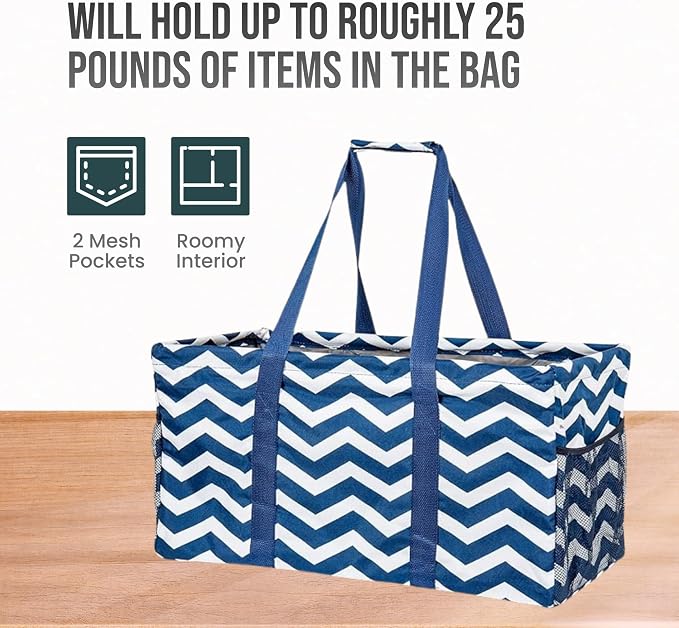 Extra Large Utility Tote Bag, Oversized Collapsible Reusable Wire Frame Rectangular Canvas Basket With Two Exterior Pockets For Beach, Pool, Laundry, Car Trunk, Storage - Chevron Navy - Image 5