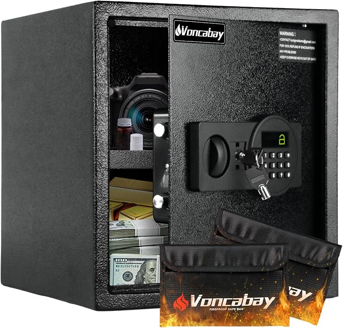 Voncabay Money Safe Box for Home with Digital Keypad, 1.5 Cu. Ft., Black | Alloy Steel, 2 Fireproof Bags, Digital Keypad with Display, Removable Shelf, Alarm System, 14 x 13 x 13 In. by Voncabay