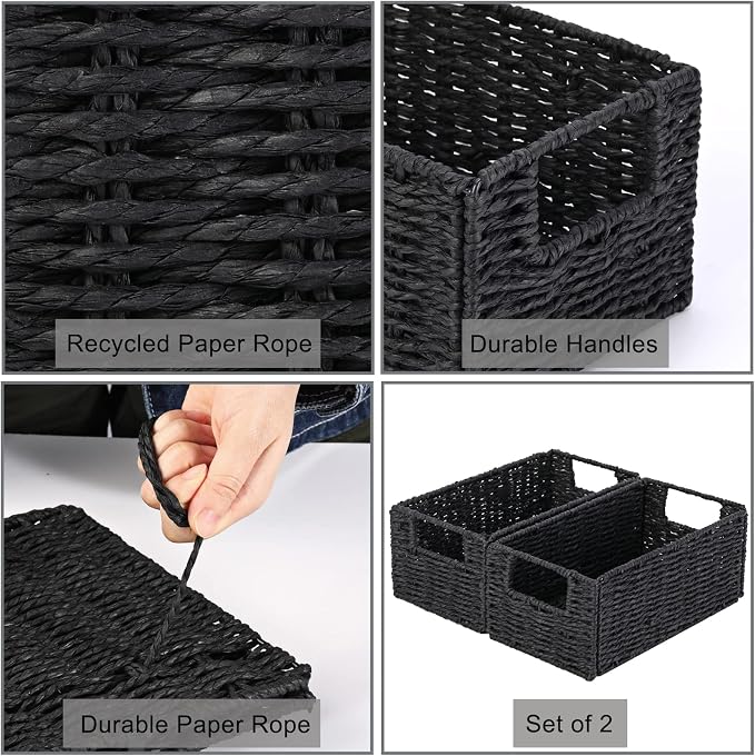 Wicker Storage Basket, Set of 2 Black Wicker Baskets for Bathroom | Hand-Woven Wicker Small Storage Baskets for Organizing Toilet Paper, Foldable Large Cube Storage Organizer Bin for Shelves - Image 7