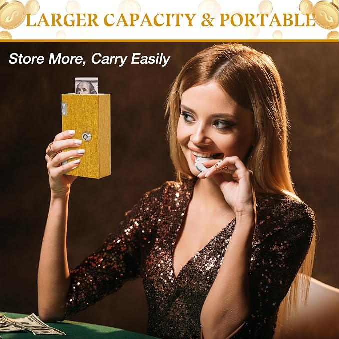 Acrylic Cash Box for Gamblers Extra Large, Gold Shimmering Winners Bank with Lock, 2 Keys, Slot, Storage Waist Bag, Portable Casino Cash Money Lock Box Safe, Money Holder, 1 Pack - Image 4