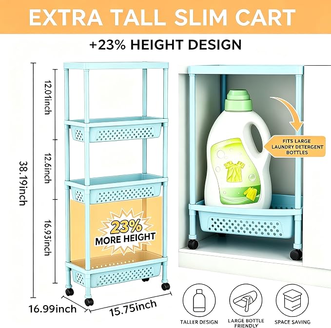 Slim 4 Tier Rolling Storage Cart Narrow Bathroom Organizer on Wheels Blue | 6.7" wide for tight bathroom/kitchen gaps, extra-tall tier, 360° casters, quick-dry shelves, tool-free storage rack - Image 3
