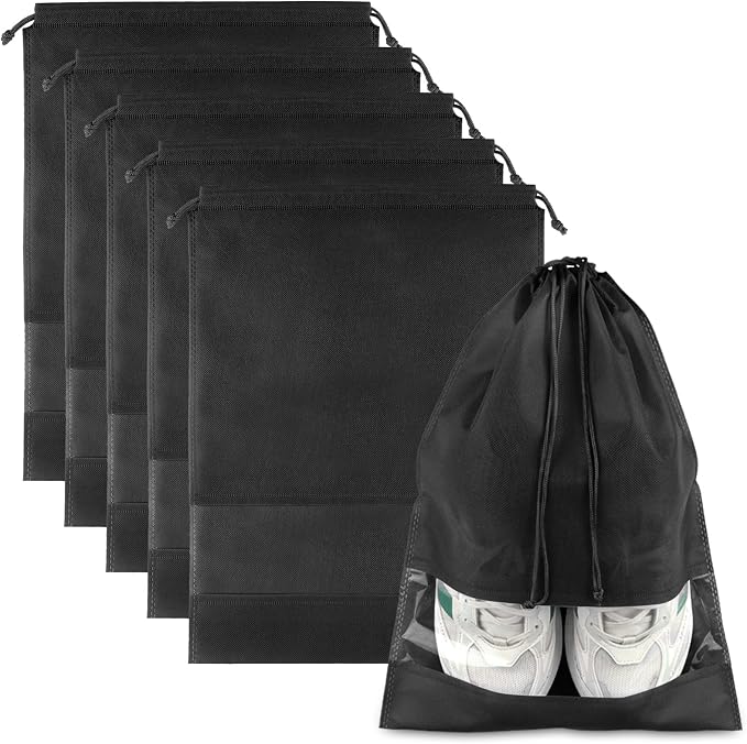 Black Travel Shoe Bags - 5 Pcs Non-Woven Packing Bags with Clear Window | 15.7" x 11.8" Waterproof Dustproof Portable Travel Shoe Storage Bag for Men and Women by COIDEA