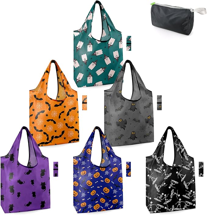 BeeGreen Halloween Bags Spooky Boo Basket Party Reusable Grocery Bags 6 Pack Trick or Treat, Halloween Pumpkin Spiders Ghost Skeleton Black Cat Bat Shopping Bags 50LBS Large by BeeGreen