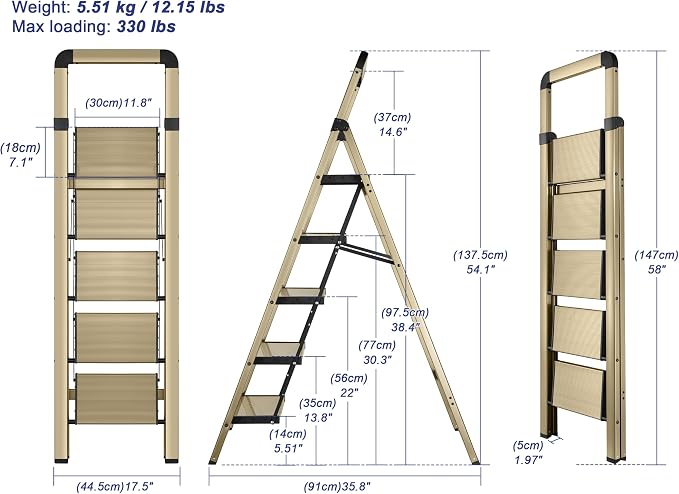 Step Ladder 5-Step Champagne Finish Aluminum Folding Ladders | Anti-slip Sturdy Foldable Ladder Step Stool for Kitchen Home Office Libaray - Image 2