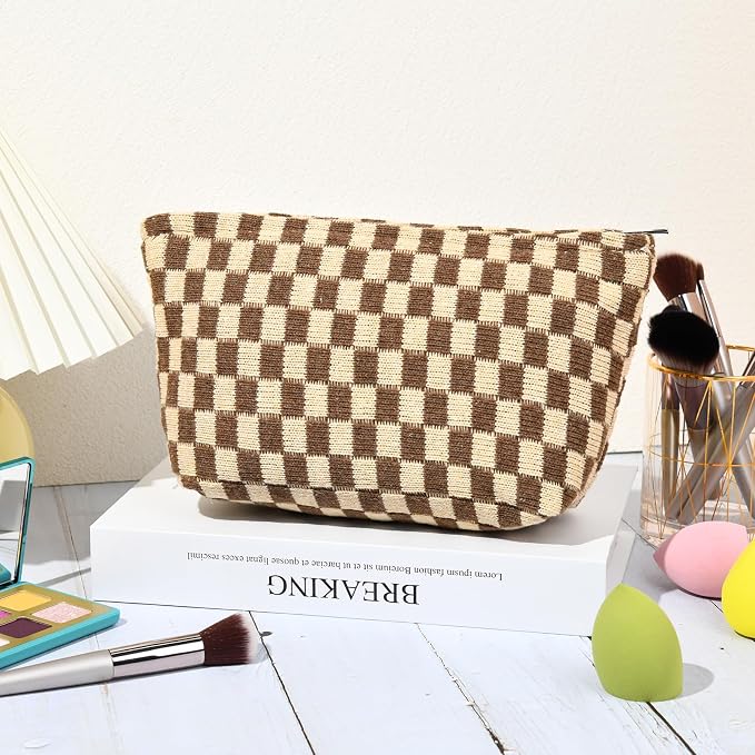 SOIDRAM 2 Pieces Makeup Bag Large Checkered Cosmetic Bag Capacity Canvas Travel Toiletry Bag Organizer Cute Makeup Brushes Aesthetic Accessories Storage Bag for Women, Brown checkered - Image 7