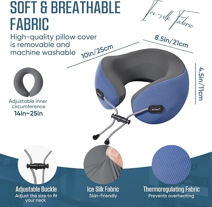 Premium Travel Neck Pillow Cooling Ice Silk Memory Foam Cervical Pillow for Airplane & Long Flights, Ergonomic Neck Support for Sleeping & Pain Relief, Washable Cover, Compact Carry Case (Blue) - Image 5