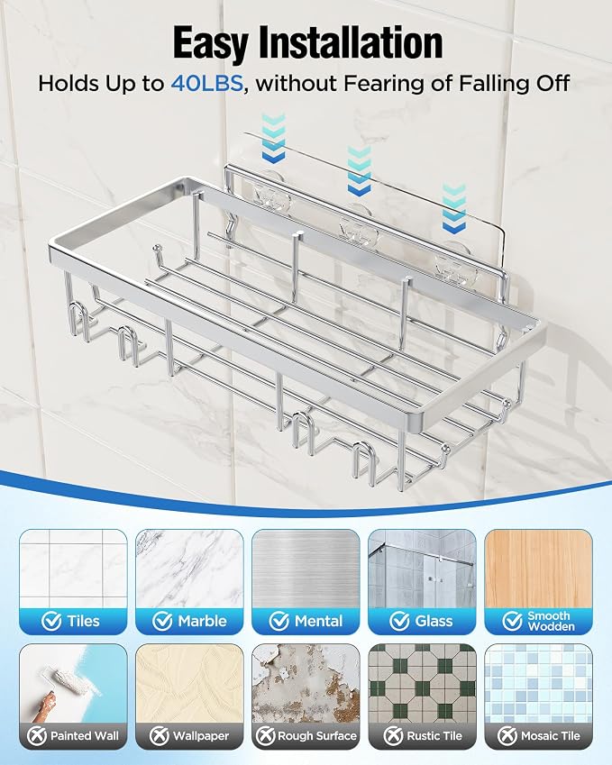 Shower Caddy 7 Pack, Adhesive Bathroom Shower Organizer for Bathroom Storage, No Drilling Large Capacity Rustproof Stainless Steel Shower Shelves Rack for Bath, Silver - Image 7